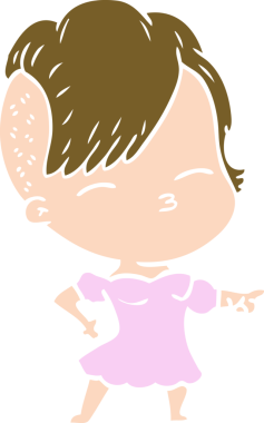 Düz renkli çizgi film karakteri şaşı kız bir insan tarafından çizilmiş.