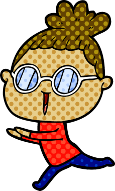 Bir insan tarafından çizilmiş gözlüklü bir karikatür kadın.