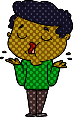 Çizgi filmdeki adam konuşuyor ve bir insan tarafından çizilmiş omuzlarını silkiyor.