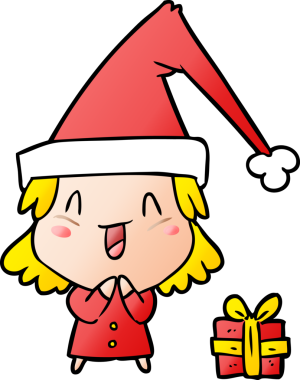 Bir insan tarafından çizilmiş Noel şapkası takan karikatür kızı.