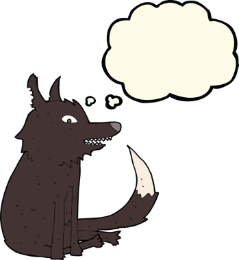 Bir insan tarafından çizilmiş düşünce baloncuğuyla oturan bir kurt.