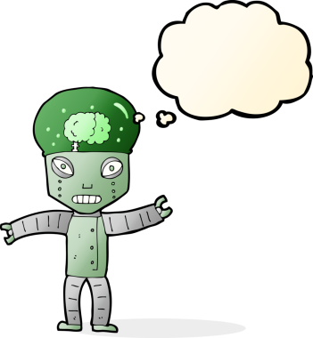 Bir insan tarafından çizilmiş düşünce baloncuklu komik robot.