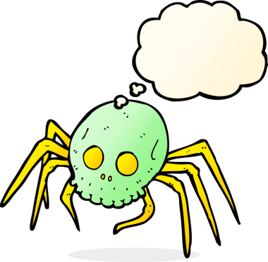 Bir insan tarafından çizilmiş düşünce baloncuğu olan ürkütücü cadılar bayramı kafatası örümceği çizgi filmi.