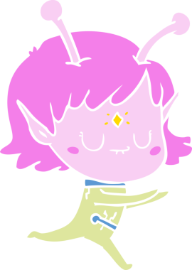 Bir insan tarafından çizilmiş düz renkli uzaylı kız çizgi filmi.