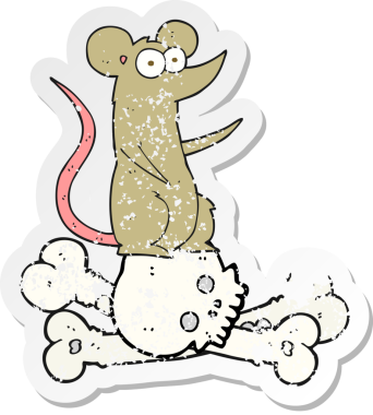 Bir insan tarafından çizilmiş kemiklerin üzerine çizgi film faresi etiketi.