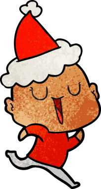 Bir insan tarafından çizilmiş Noel Baba şapkası takan kel bir adamın mutlu el çizimi karikatürü.