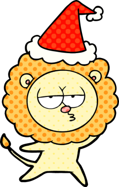 Bir insan tarafından çizilmiş Noel Baba şapkası giymiş sıkılmış bir aslanın el çizimi çizgi roman tarzı çizimi.