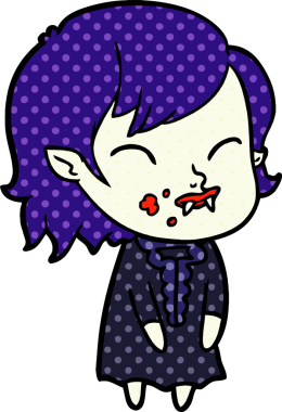 Bir insan tarafından çizilmiş yanağında kan olan vampir kız çizgi filmi.