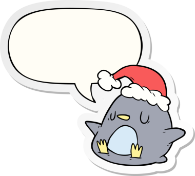 Bir insan tarafından çizilmiş konuşma kabarcığı çıkartmalı sevimli penguen.