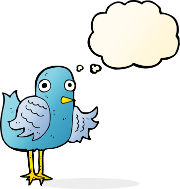 Bir insan tarafından çizilmiş düşünce baloncuğuyla kanat sallayan çizgi film kuşu.