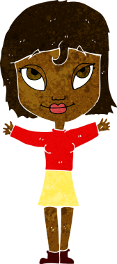 Bir insan tarafından çizilmiş açık kollu çizgi film kadını.