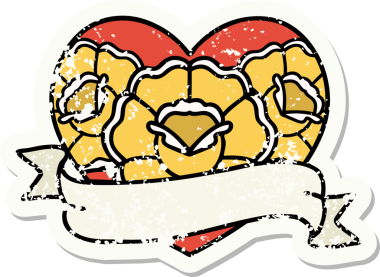 Geleneksel bir kalp stili ve insan tarafından çizilmiş çiçekli pankart dövmesi.