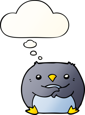 Düşünce baloncuğu olan karikatür pengueni bir insan tarafından çizilmiş.