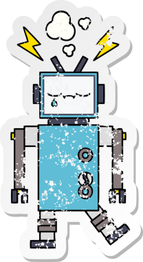 Bir insan tarafından çizilmiş sevimli bir robot çizgi film çıkartması.