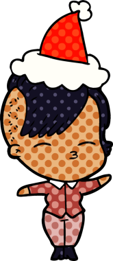 Bir insan tarafından çizilmiş Noel Baba şapkası takan şaşı bir kızın el çizimi çizgi roman çizimi.