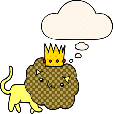 Karikatür aslanı ve bir insan tarafından çizilmiş düşünce baloncuğu.