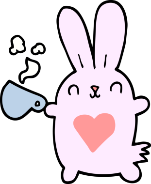 Sevgi dolu bir kalbi ve bir insan tarafından çizilmiş kahve fincanı olan sevimli çizgi film tavşanı.