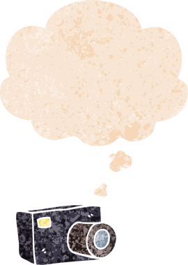 grunge 'da düşünce baloncuğu olan karikatür kamerası bir insan tarafından çizilmiş gerilimli retro dokuma tarzı