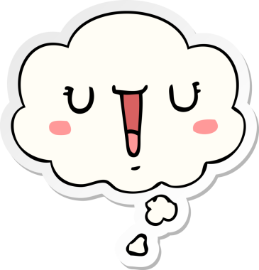 Düşünce baloncuklu mutlu çizgi film yüzü bir insan tarafından çizilmiş çıkartma gibi.