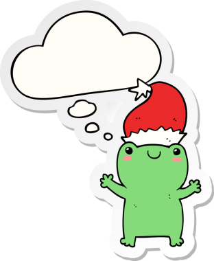 Bir insan tarafından çizilmiş bir çıkartma olarak düşünce baloncuğu olan şirin Noel kurbağası.