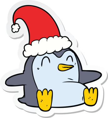 Bir insan tarafından çizilmiş Noel şapkası takan penguen karikatürü çıkartması.