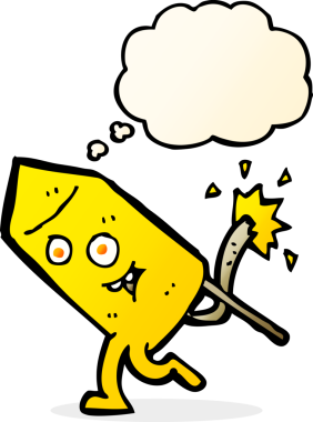 Bir insan tarafından çizilmiş düşünce baloncuklu komik havai fişek karakteri.