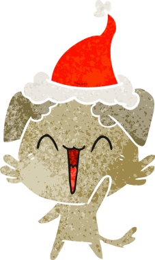 Mutlu küçük köpek eli insan tarafından çizilmiş eski bir Noel Baba şapkası çizimi.