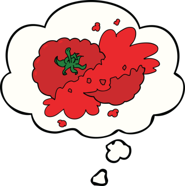 Bir insan tarafından çizilmiş düşünce baloncuklu ezilmiş domates.