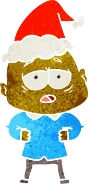 Bir insan tarafından çizilmiş Noel Baba şapkası giymiş yorgun kel bir adamın el çizimi karikatürü.