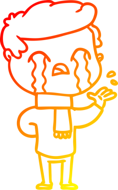 Bir insan tarafından çizilmiş kış eşarbı takmış, ağlayan bir çizgi film karakteri çizimi.