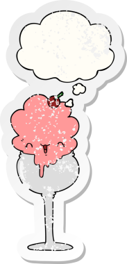 Düşünce baloncuklu tatlı çizgi film dondurması insan tarafından çizilmiş yıpranmış bir çıkartma gibi.