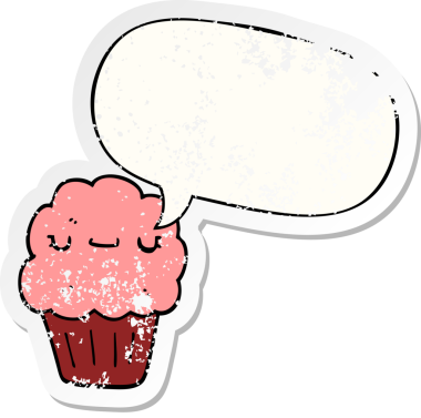 Konuşma balonlu çizgi film keki bir insan tarafından çizilmiş sıkıntılı eski bir çıkartma