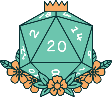 Retro Dövme Biçimi Doğal 20 D20 zar bir insan tarafından çizilmiş çiçek elementleriyle