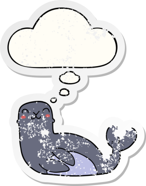 Düşünce baloncuklu karikatür mührü bir insan tarafından çizilmiş yıpranmış bir çıkartma gibi.