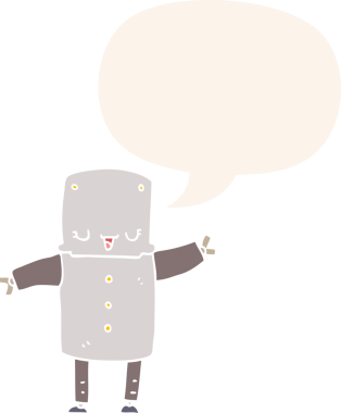 bir insan tarafından çizilmiş, konuşma baloncuklu çizgi film robotu.