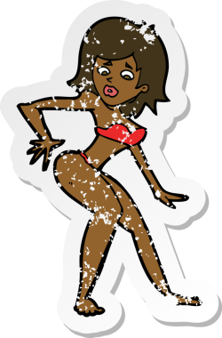 Bir insan tarafından çizilmiş bikinili bir karikatür kadının gerilmiş çıkartması.