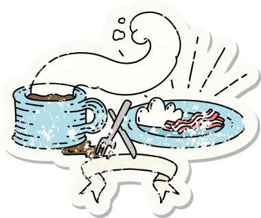 Bir insan tarafından çizilmiş eski dövme stili bir kahvaltı ve kahve etiketi.