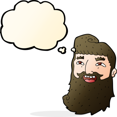 Çizgi filmdeki sakallı adam bir insan tarafından çizilmiş düşünce balonuyla gülüyor.