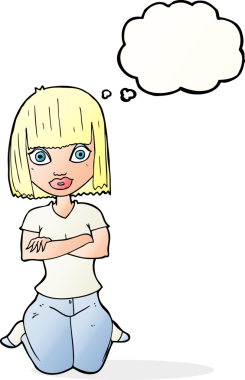 Bir insan tarafından çizilmiş düşünce baloncuğuyla diz çöken çizgi film kadını.