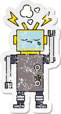 Bir insan tarafından çizilmiş ağlayan şirin bir çizgi robotun sıkıntılı çıkartması.