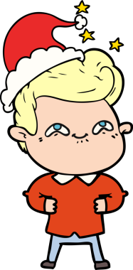 Bir insan tarafından çizilmiş Noel Baba şapkası giyen heyecanlı bir adamın el çizimi.