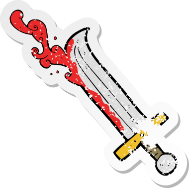 Bir insan tarafından çekilen kanlı bir kılıcın gerilemiş retro çıkartması.