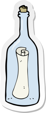 Bir insan tarafından çizilmiş bir şişenin içindeki karikatür etiketi.