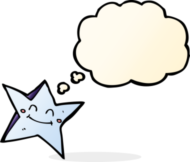 Bir insan tarafından çizilmiş düşünce baloncuklu mutlu yıldız karakteri.