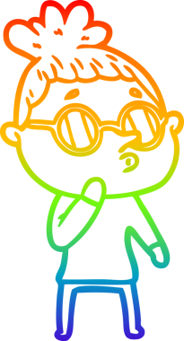 Gökkuşağı gradyan çizgi çizimi bir insan tarafından çizilmiş gözlük takan bir kadın.