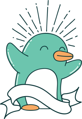 Bir insan tarafından çizilmiş mutlu penguen dövmeli parşömen.