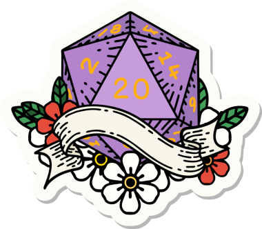 Bir insan tarafından çizilmiş 20 D20 zarının çıkartması.