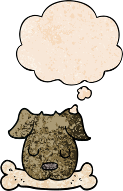 Düşünce baloncuğu olan kemikli çizgi film köpeği. Bir insan tarafından çizilmiş grunge doku tarzı.