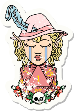 Ağlayan bir elf ozan karakterinin grunge çıkartması. Bir insan tarafından çizilmiş doğal bir D20 rulosu.