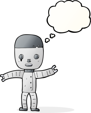 Bir insan tarafından çizilmiş düşünce baloncuklu çizgi film robotu